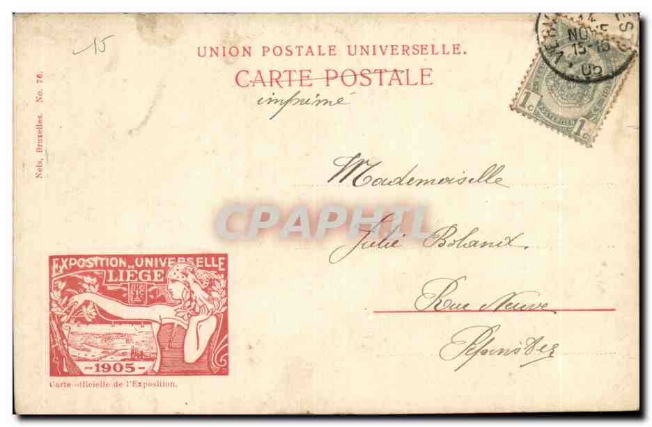 Belgie Belgique Exposition universelle de Liege 1905 CPA Ville de liege — Rückseite