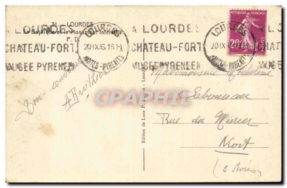 Lourdes - Basilique et Monument Interalle CPA  — Verso