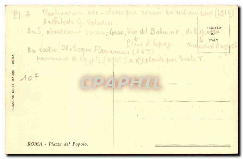 Italie Italia Roma CPA Piazza del Popolo — Rückseite