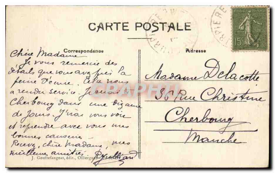 Courpière — La Dore, le Pont et la Place de la Chapelle-du-Pont — J. Gouttefangeas, édit., Olliergues — Rückseite