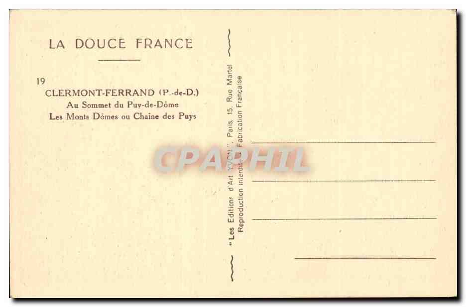 Les Monts Dômes ou Chaîne des Puy - Clermont-Ferrand (P.-de-D.) — Éditeur : La Douce France, n°19 — Reverso