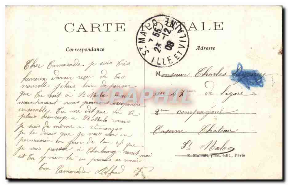 Vincennes — Cour du Château — Pavillon du Roi — Casernement du Bataillon de Chasseurs à pied et École d'Administration — E. M. — Rückseite