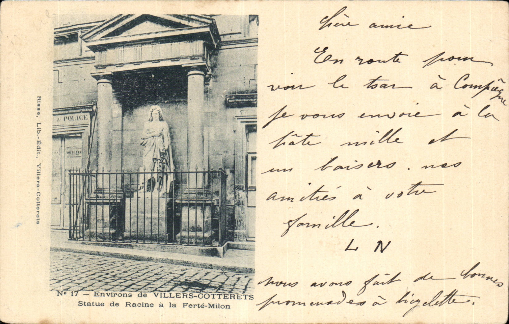 Statue de Racine à la Ferté-Milon — Environs de VILLERS-COTTERETS — Risse, Lib.-Édit. VILLERS-COTTERETS, N° 17