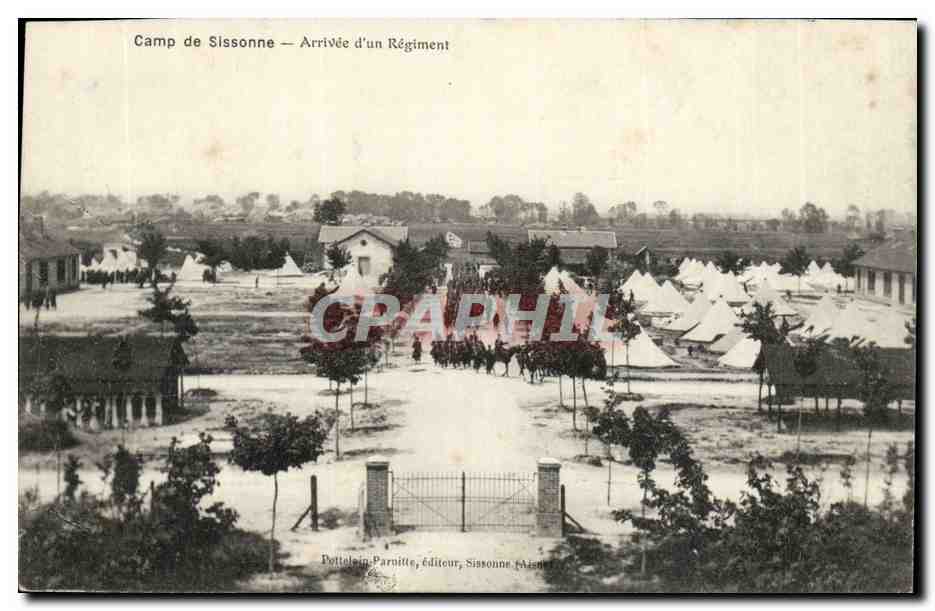 Camp de Sissonne — Arrivée d'un Régiment — Poteloin-Parnitte, éditeur, Sissonne