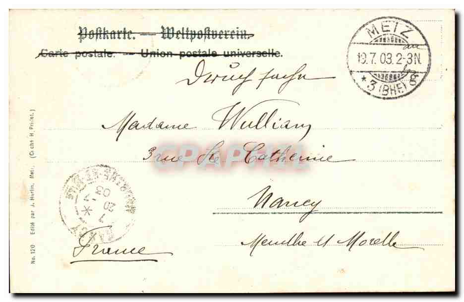 Statue du prophète Daniel — Cathédrale de Metz — Éditée par J. Berlin, n°120 — Verso