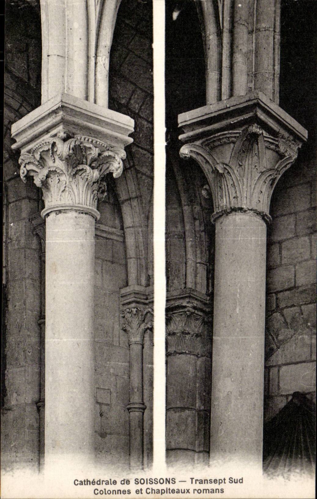 Cathédrale de SOISSONS — Transept Sud — Colonnes et Chapiteaux romans