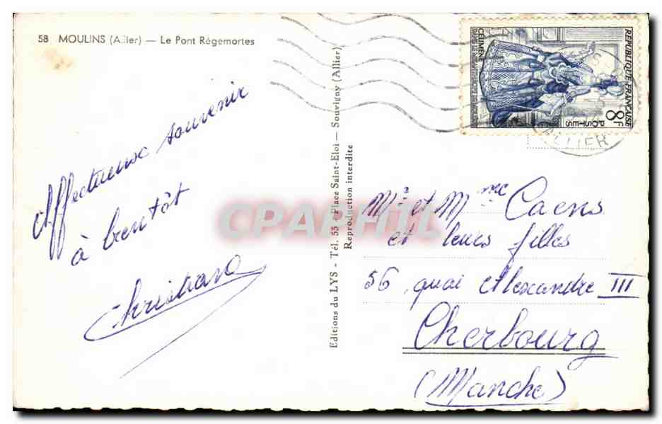 Moulins CPA Le pont Regemortes — Verso