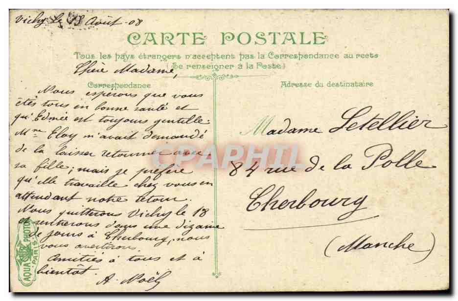 Vichy CPA L'orangerie des celestins — Verso