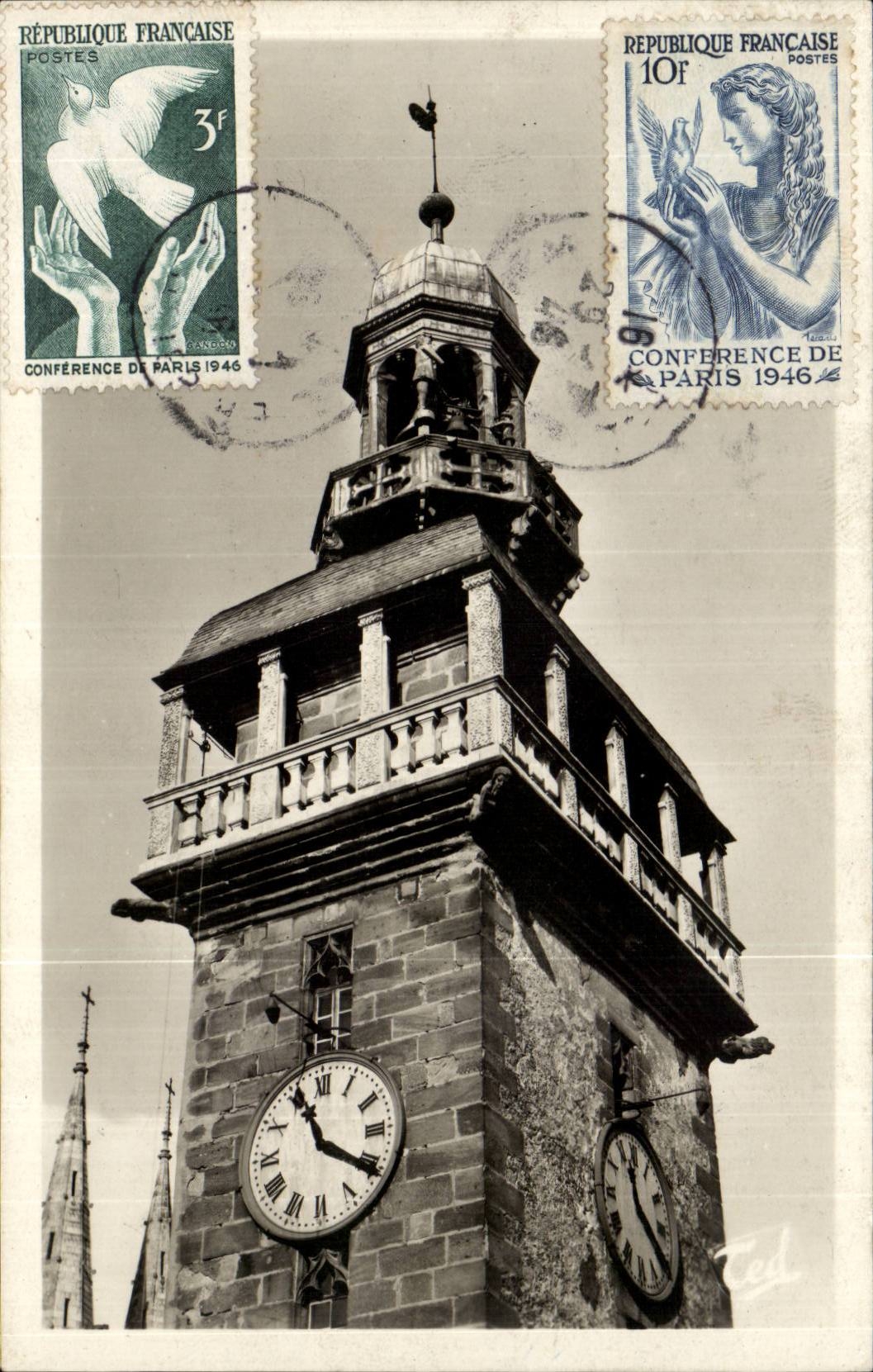 Moulins CPA Jacquemart + timbres colombe de France 1946 Conference de Paris