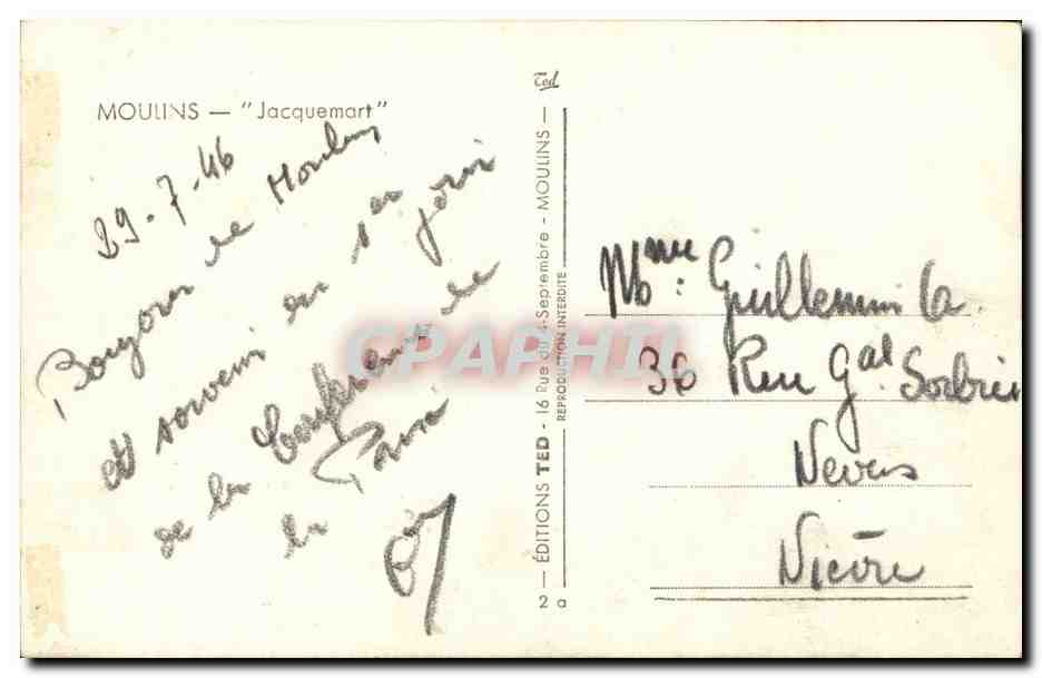 Moulins CPA Jacquemart + timbres colombe de France 1946 Conference de Paris — Verso