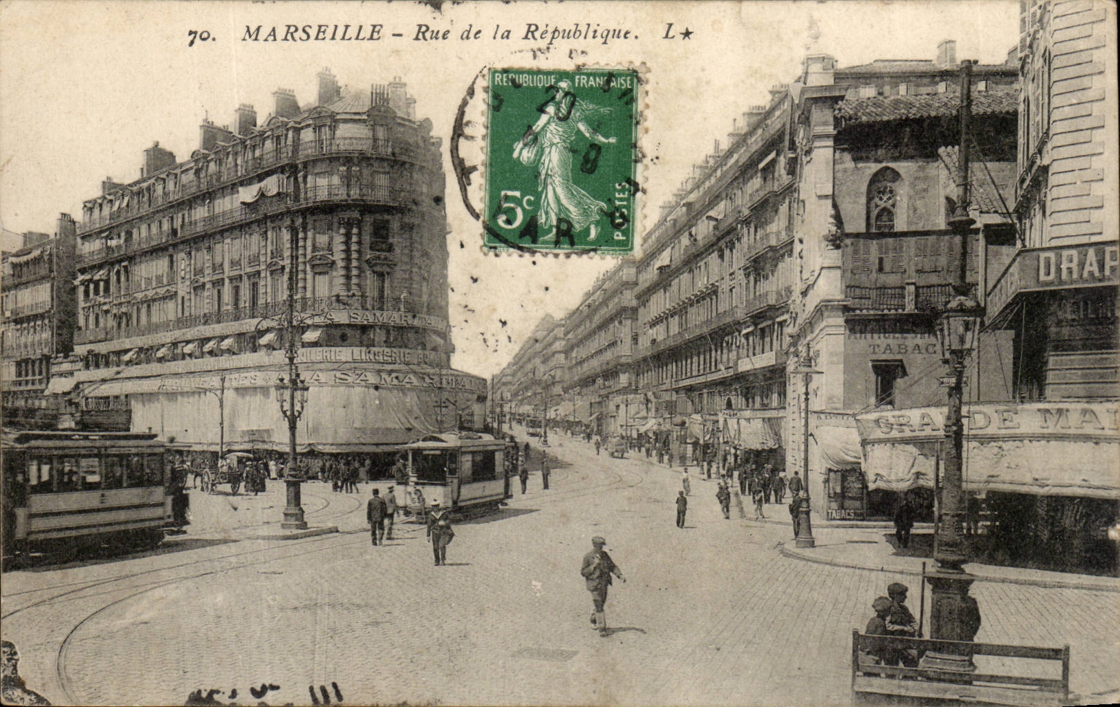 MARSEILLE - Rue de la République — vista urbana con tranvía — editor L.★, n°70