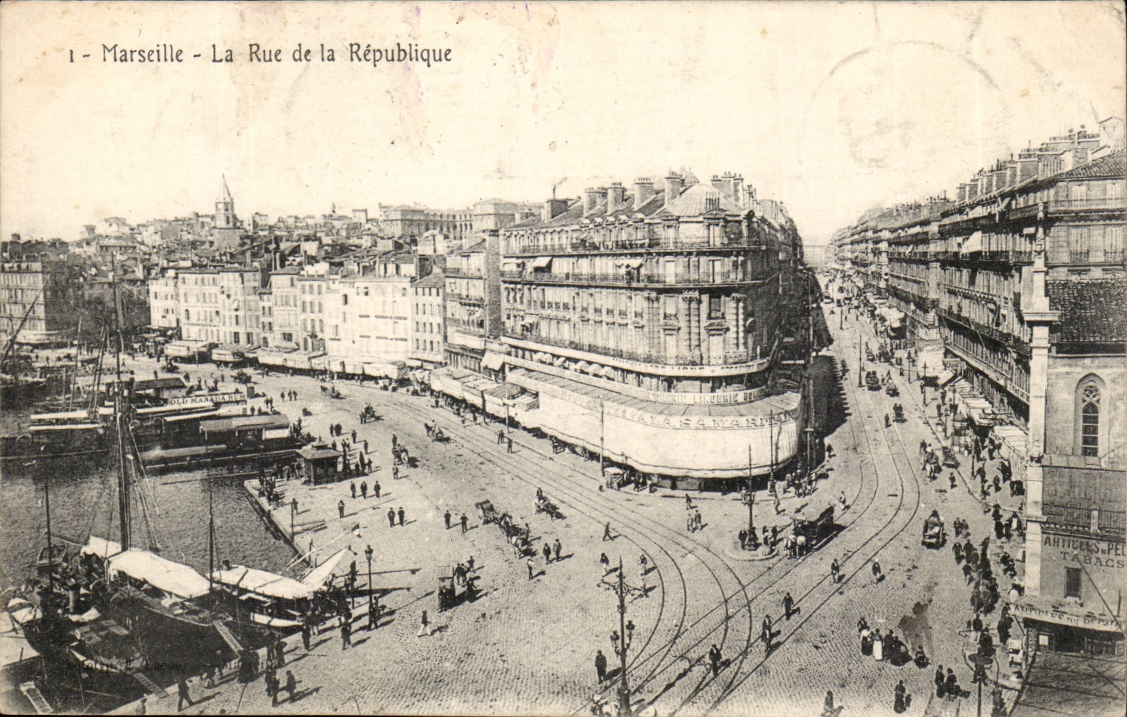 Marsella - La Rue de la République — vista panorámica con tranvías y muelle — editor desconocido, n°1