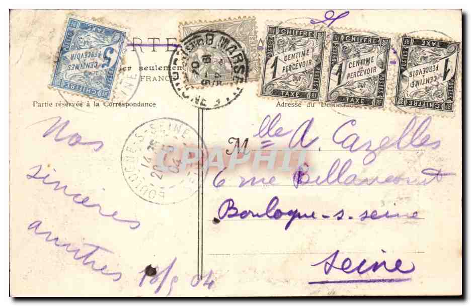 Marsella - La Rue de la République — vista panorámica con tranvías y muelle — editor desconocido, n°1 — Reverso