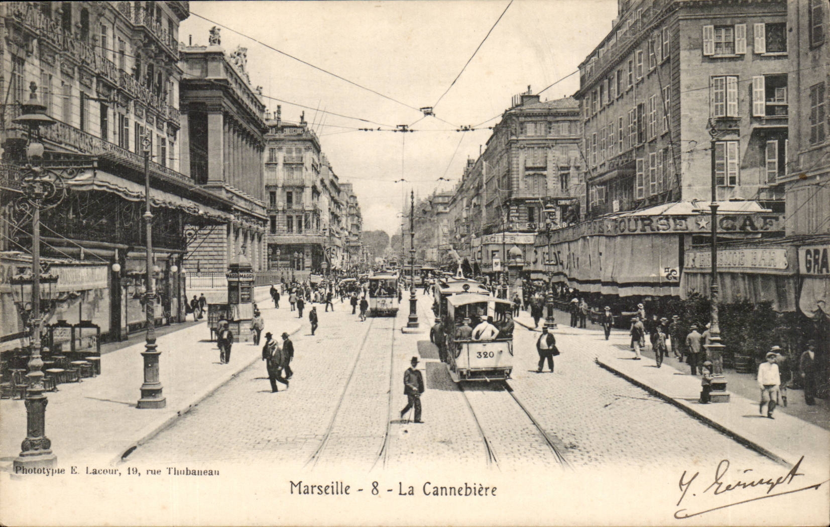 Marseille - La Cannebière — vue de la rue avec tramway — Phototype E. Laceour, 19, rue Thubaneau