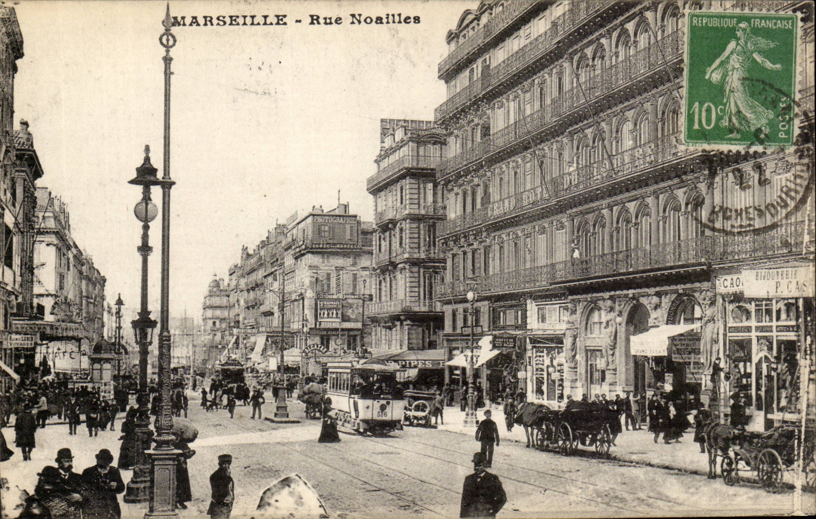 Marseille - Rue Noailles — vue de la rue avec tramway et chevaux — éditeur P. Gas