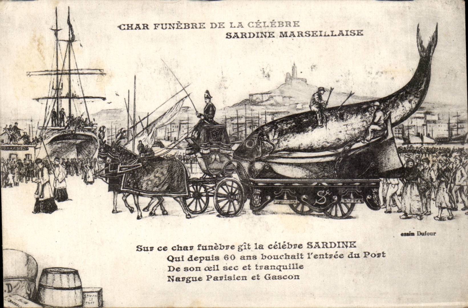 Char funèbre de la célèbre sardine marseillaise — dessin de Dufour — éditeur C. Dufour, n° 123