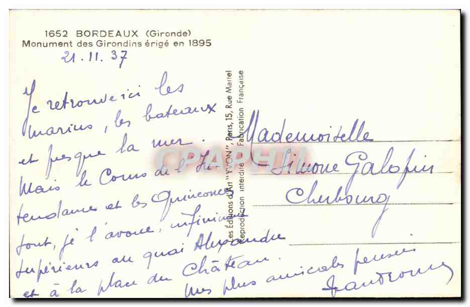 Bordeaux - Le Monument des Girondins - CPA  — Verso