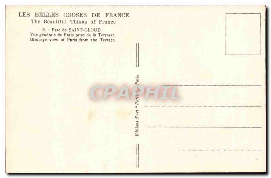 Saint Cloud CPA Le parc Vue generale de paris pries de la terrasse — Rückseite