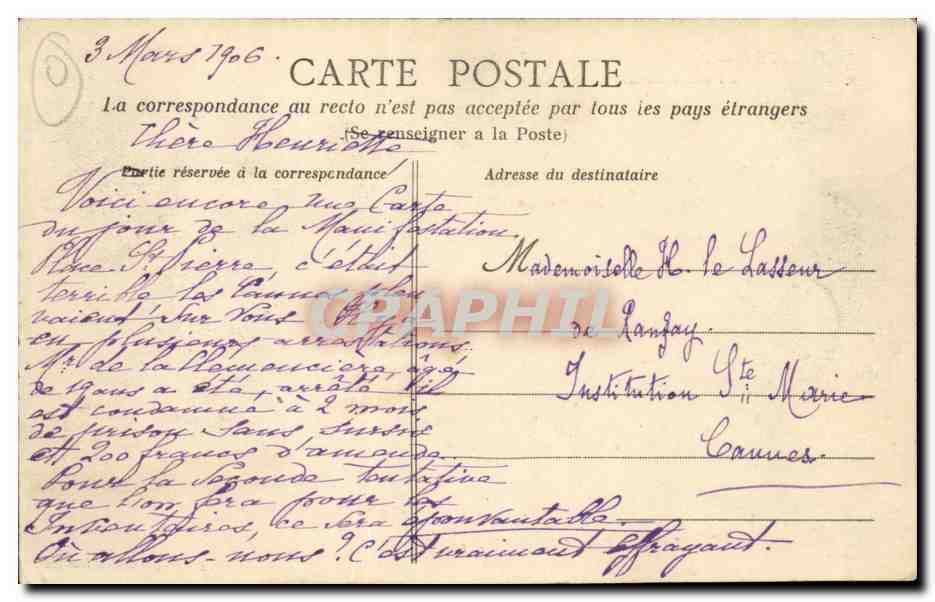 NANTES — Manifestations du 22 février 1906 à l'occasion des Inventaires — Héliotypie Dugas et Cie, Nantes — Verso