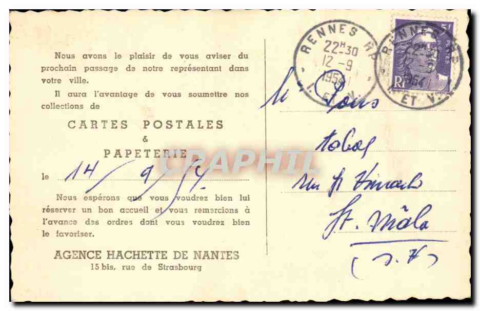 Nantes CPA + pub Agence Hachette de Nantes 15bis rue de Strasbourg (cigogne) — Verso