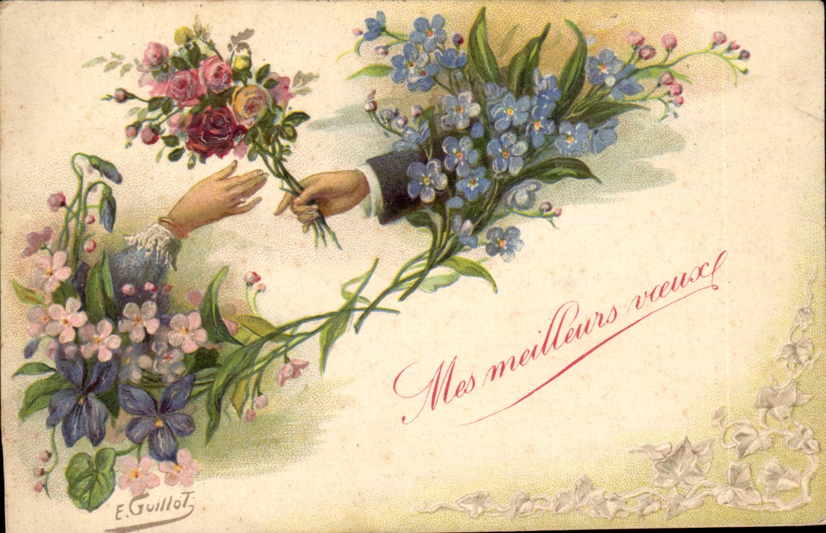 Due mani che scambiano mazzi di fiori — I miei migliori auguri! — F. Guillot