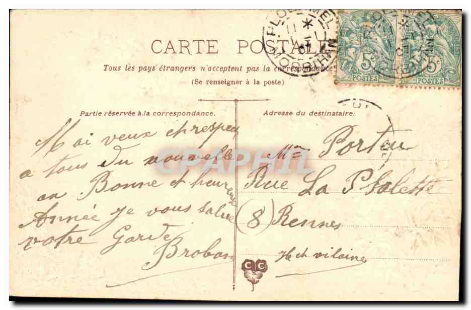 Due mani che scambiano mazzi di fiori — I miei migliori auguri! — F. Guillot — Verso