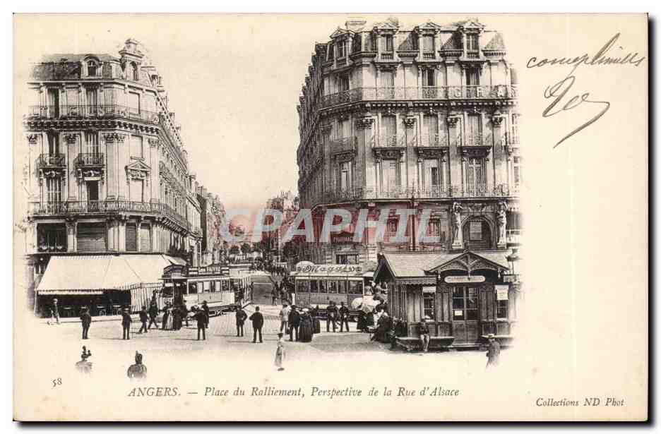 Angers CPA Place du ralliement perspective de la rue d alsace tramways