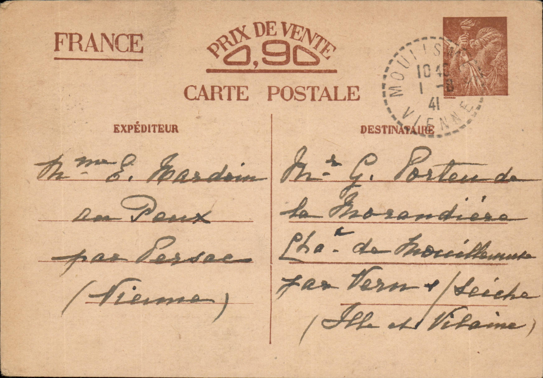 Carte Franchise IRis Mouisames Vienne 1 8 1941 Morandiere