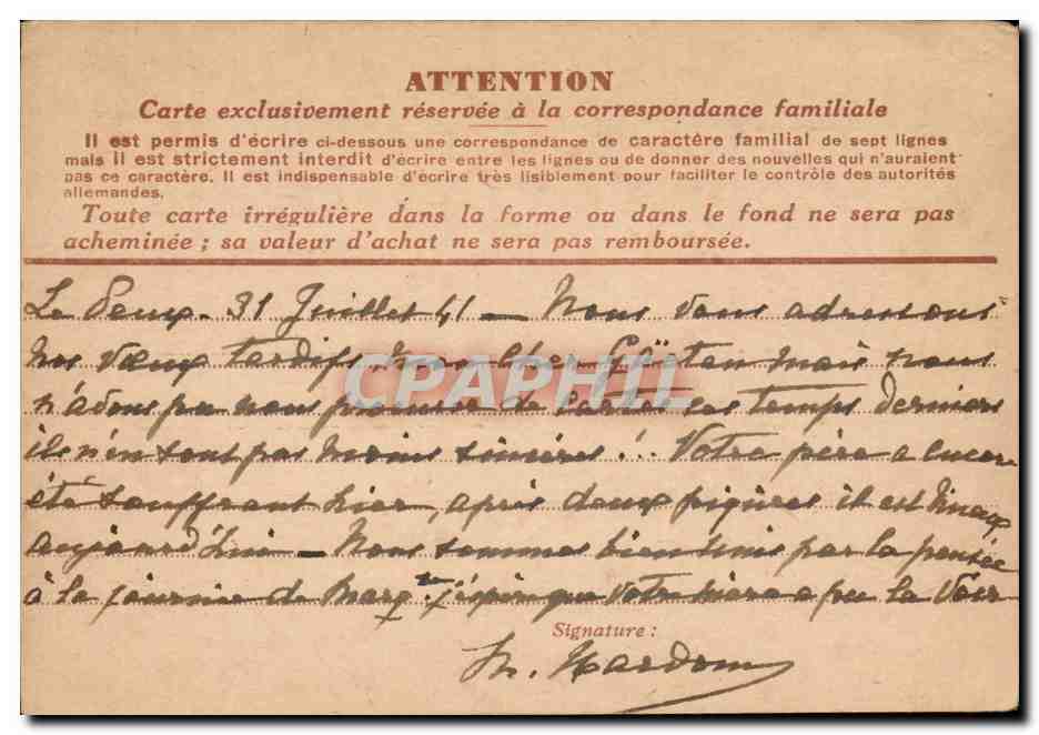 Carte Franchise IRis Mouisames Vienne 1 8 1941 Morandiere — Rückseite