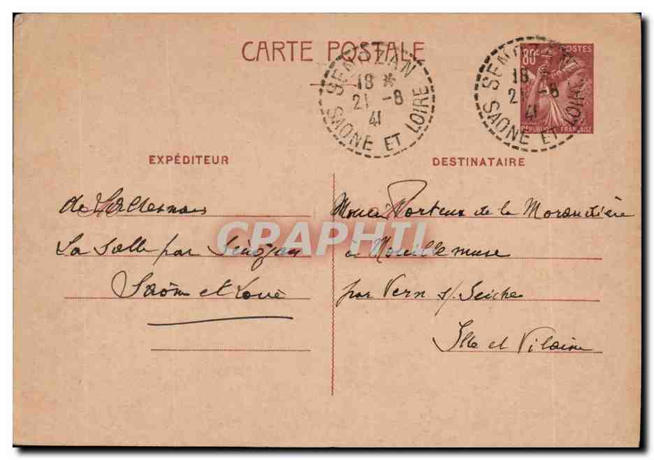 Carte Franchise IRis Senozan Saone et Loire 21 8 1941 Morandiere