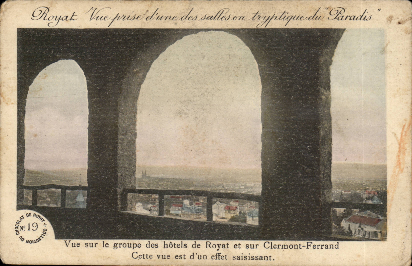Ansicht der Hotelgruppe Royat und Clermont-Ferrand — aus dem Triptychon "Paradis" — Chocolat de Royat, N°19