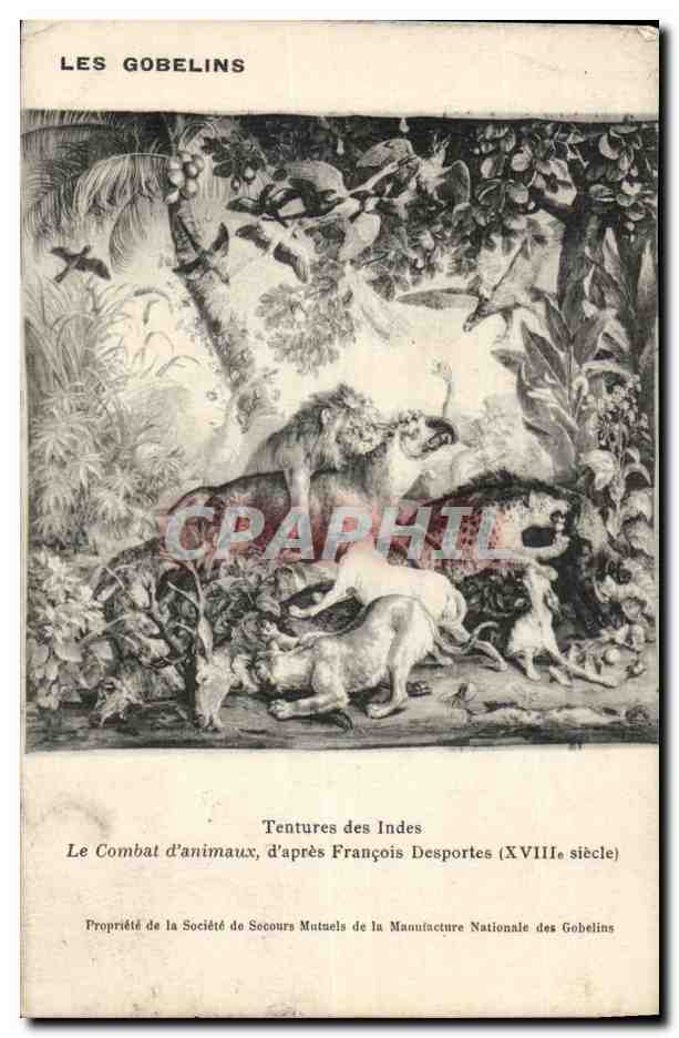 CPA Les Gobelins Tentures des Indes Combat d'animaux d'apres Francois Desportes (18eme) lion Tigre chien