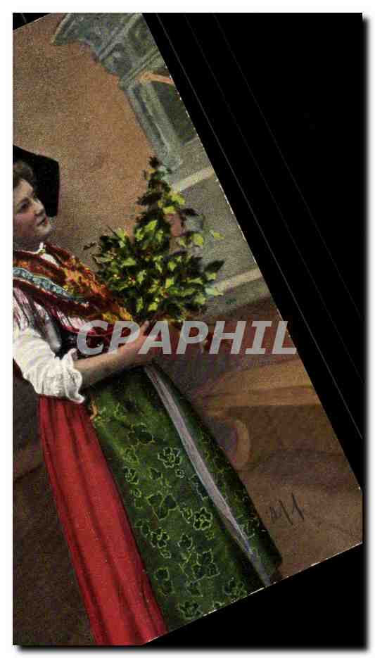 Femme en costume traditionnel — tenant un bouquet — éditeur non identifiable