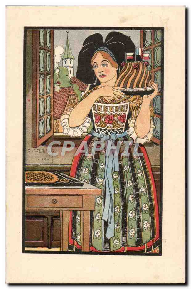 Folklore-Costumes-L'Alsace- Jour de Fete- le gateaux national kougelhopf-drapeau tricolore -CPA