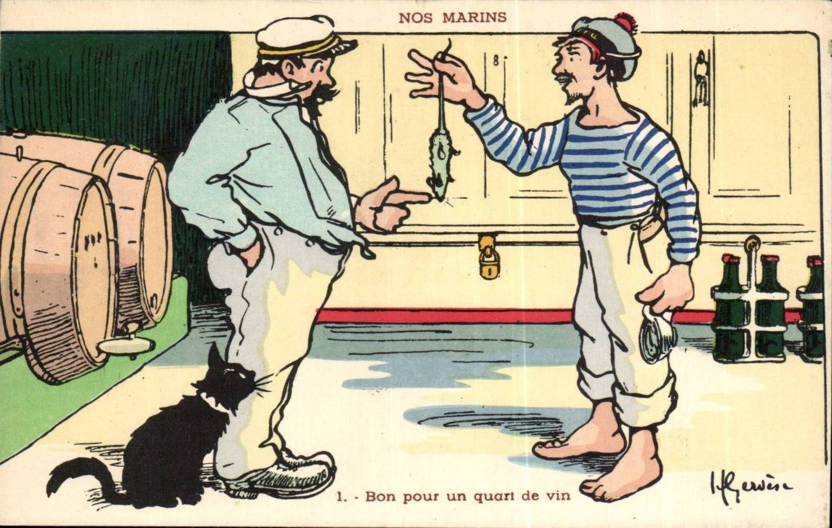 Nos Marins- Bon pour un quart du vin- chat-rat-bateau-CPA Illustrateur Gervese