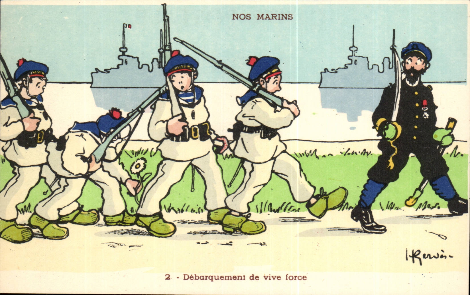 Nos Marins- Debarquement de vive force-fleur-sabre-bateau-CPA Illustrateur Gervese