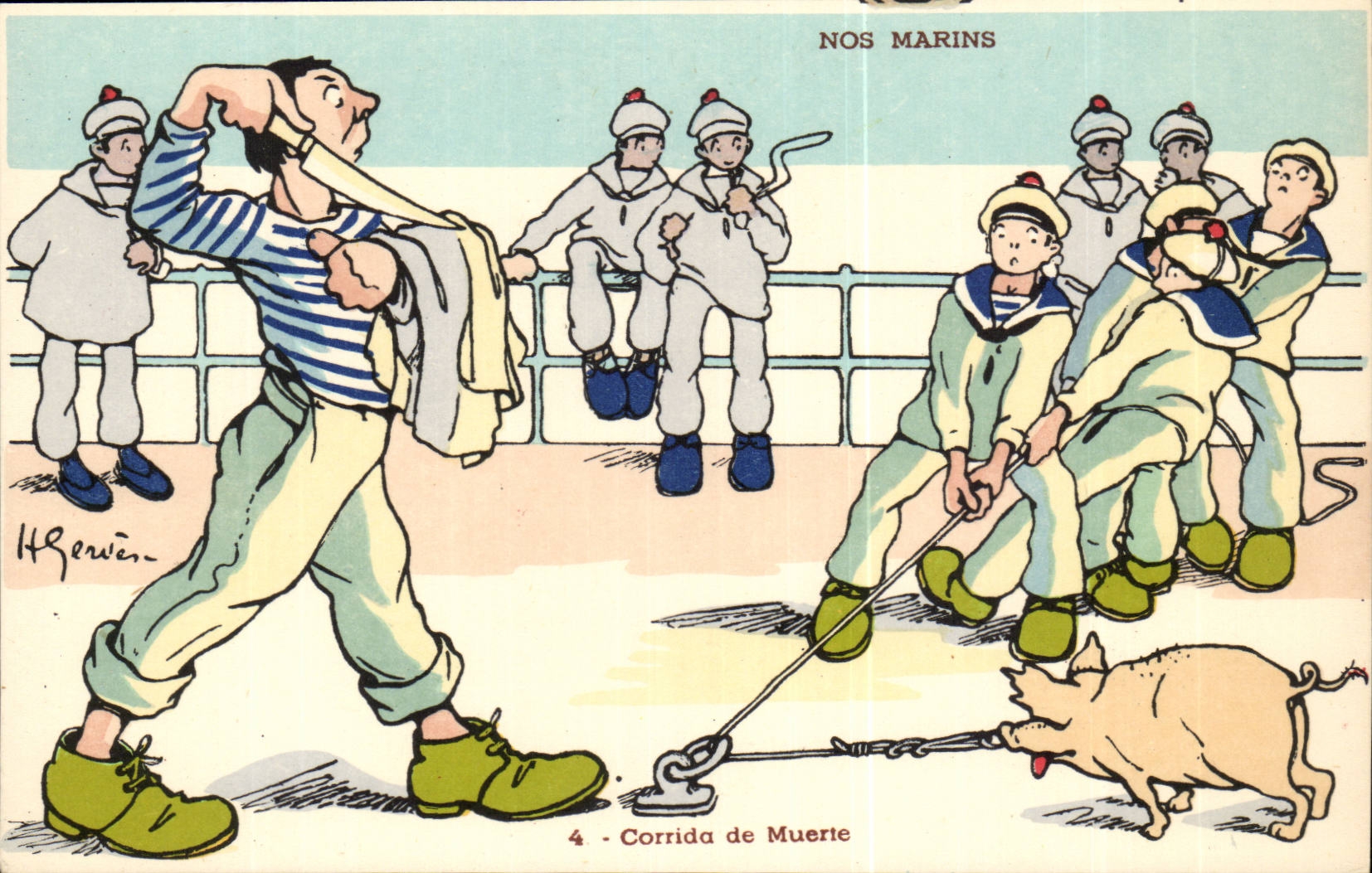 Nos Marins-Corrida de Meurte-cochon-bateau-CPA Illustrateur Gervese