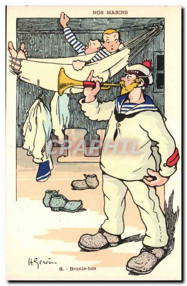 Nos Marins-Branle bas-trompette-bateau-CPA Illustrateur Gervese