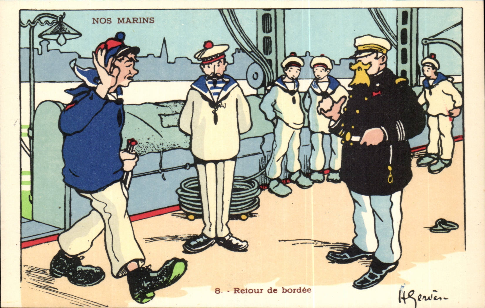 Nos Marins-Retour de bordee--bateau-CPA Illustrateur Gervese