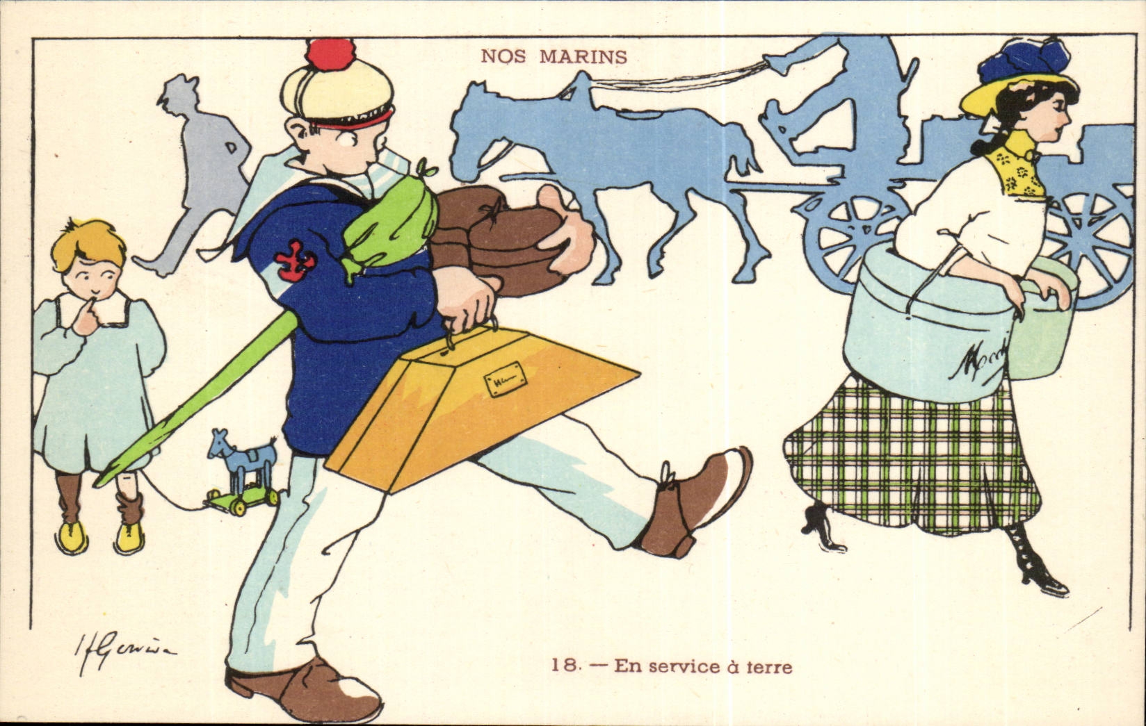 Nos Marins- En service a terre-enfant-jouet-cheval --bateau-CPA Illustrateur Gervese