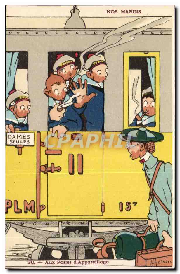 Nos Marins- Aux Poste d'Appareillage-train-Dames Seules-bateau-CPA Illustrateur Gervese