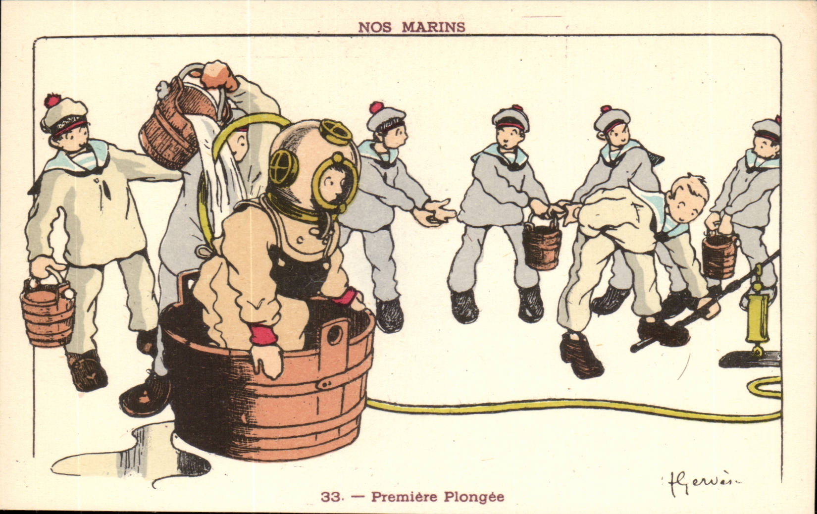 Nos Marins- Premiere Plongee-bateau-CPA Illustrateur Gervese