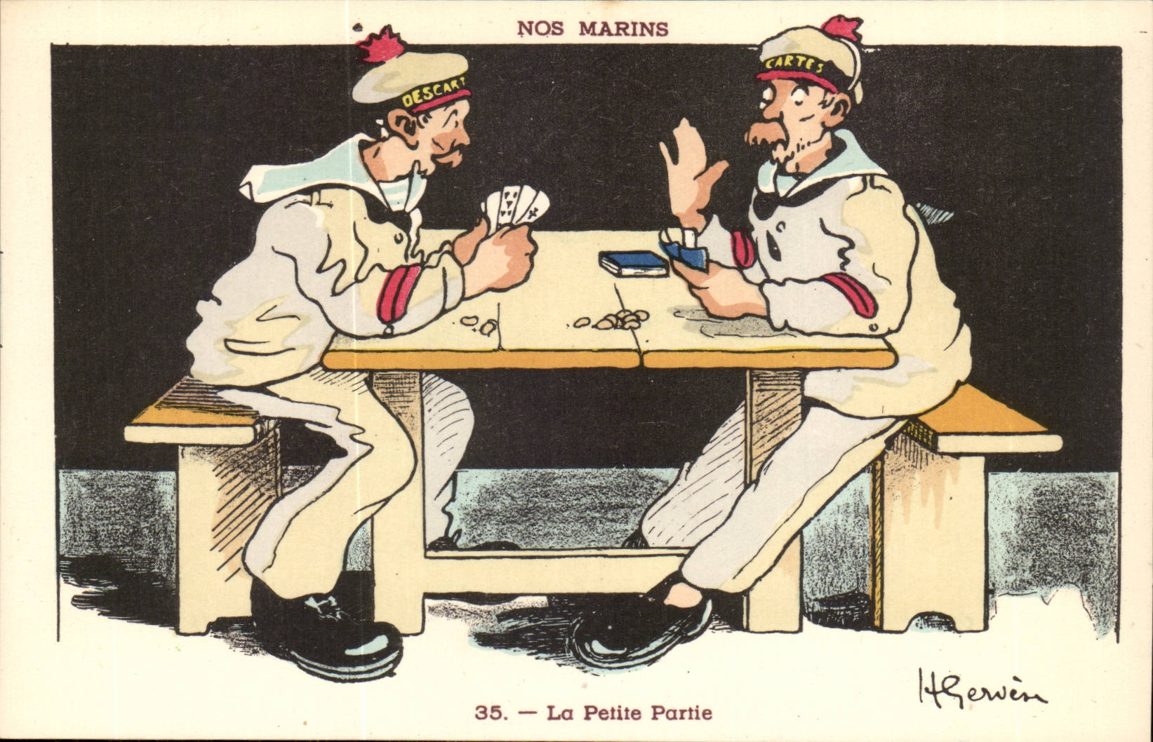 Nos Marins- La Petite Partie-jeu de cartes-bateau-CPA Illustrateur Gervese