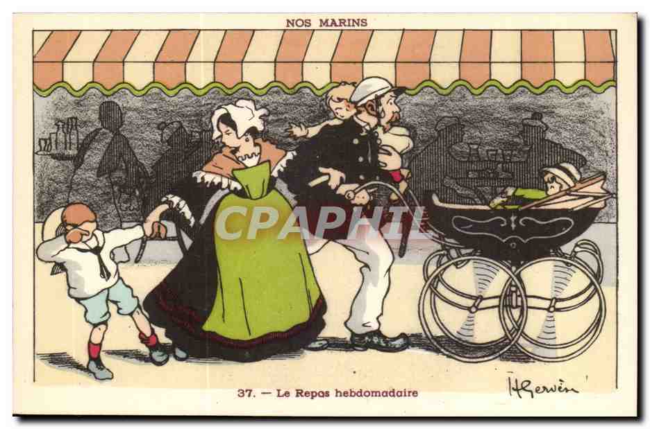 Nos Marins- Le Repas hebdomadaire-enfant-pousette-bateau-CPA Illustrateur Gervese