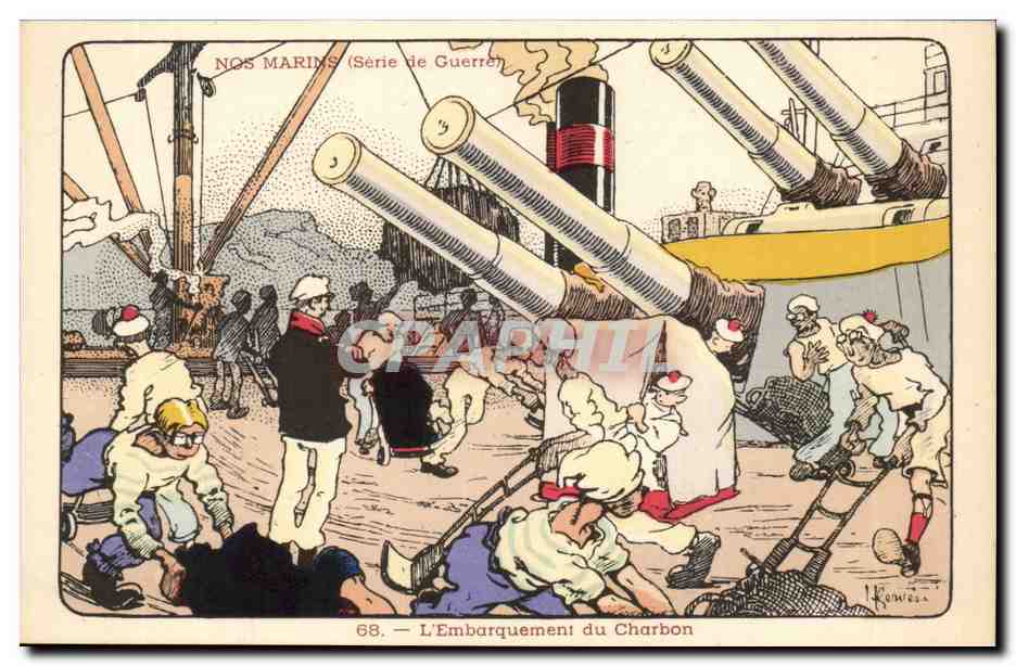 Nos Marins- Serie de Guerre-L'Embarquement du Charbon-canon-bateau-CPA Illustrateur Gervese