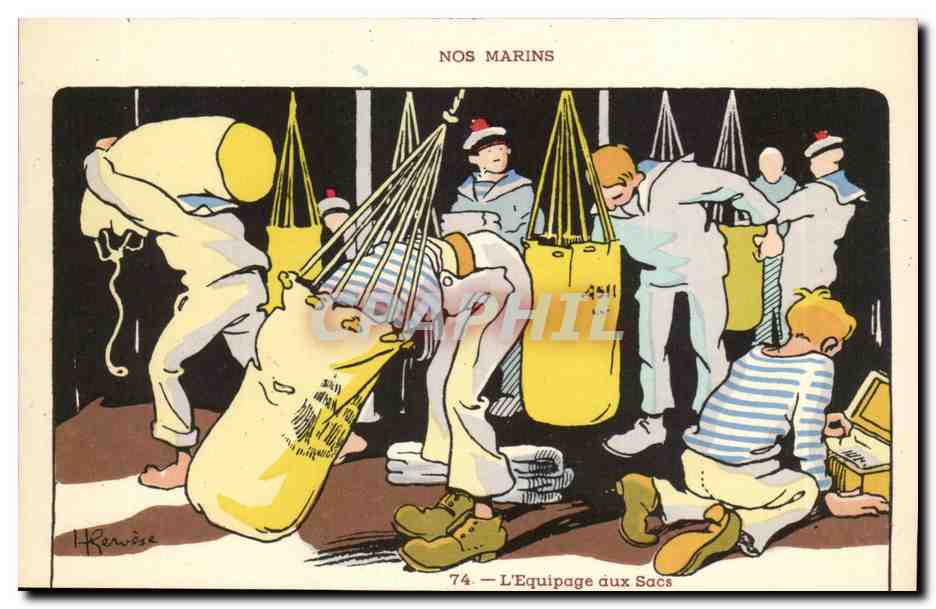 Nos Marins-L'Equipqge aux Sacs-bateau-CPA Illustrateur Gervese