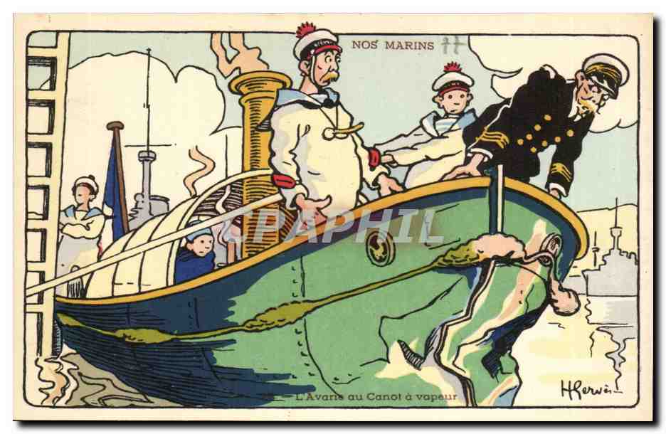 Nos Marins- L'Avante au Canot a vapeur-bateau-CPA Illustrateur Gervese