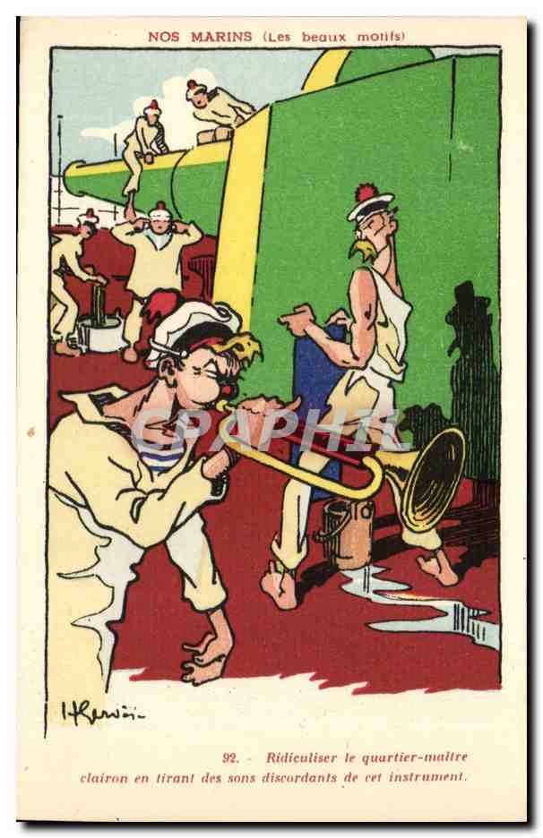 Nos Marins- Ridiculise le quartier maitre clairon en tirant de sons discordant-trompette -bateau-CPA Gervese