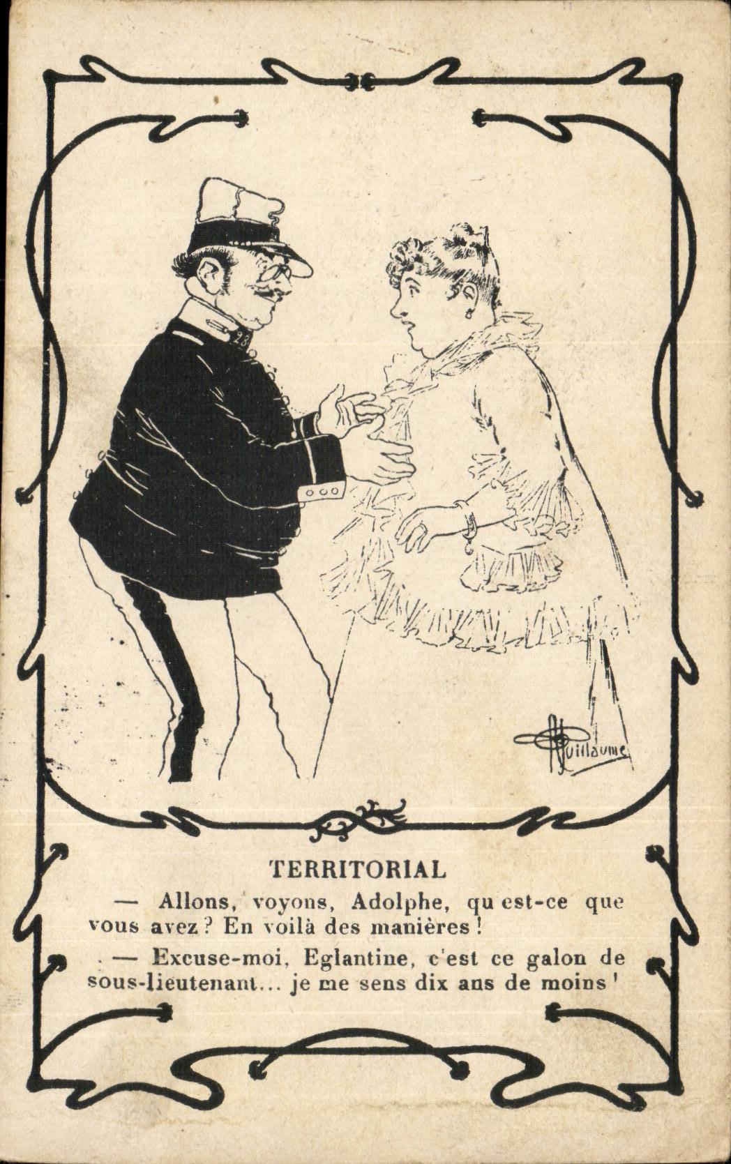 Territorial — caricature d'un sous-lieutenant et d'une femme — dessin de Guillaume