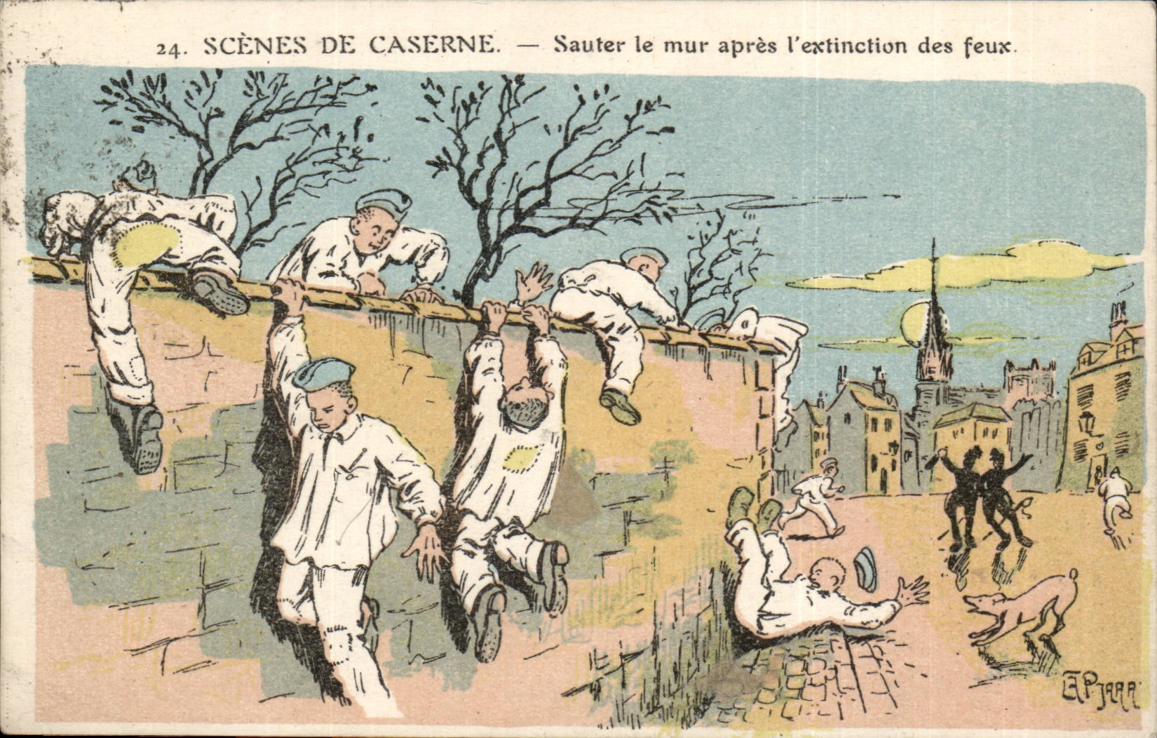 FAntaisie CPA Scenes de caserne SAuer le mur apres l extinction des feux Militaria Illustrateur Humour